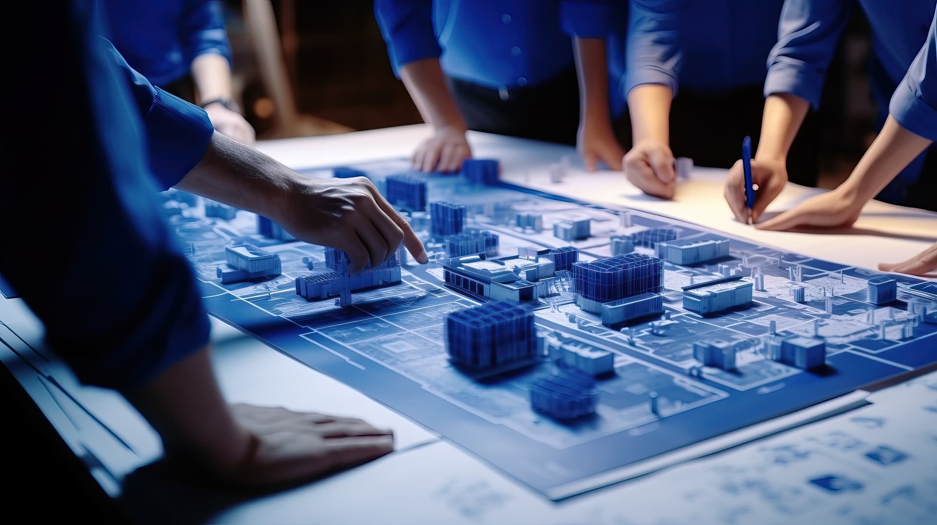 AI-generated architects discussing a blueprint, representing builders collaborating on the future