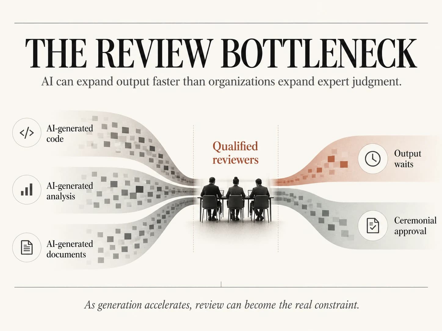 Editorial flow diagram titled 'The review bottleneck', subtitled 'AI can expand output faster than organizations expand expert judgment.' Three labelled streams, AI-generated code, AI-generated analysis and AI-generated documents, converge on a narrow point marked 'Qualified reviewers' where three people sit at a table. Beyond it the flow splits into two outcomes: 'Output waits' and 'Ceremonial approval'. A line beneath reads: 'As generation accelerates, review can become the real constraint.'