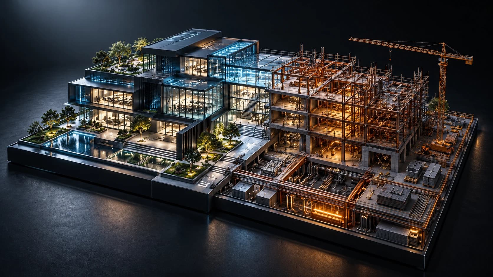 An architectural scale model of one office building shown in two states at once. The left half is finished: lit glass floors, planted terraces, a reflecting pool. The right half is still a bare steel and copper frame under a tower crane, with its basement pipework and ductwork left open to view.