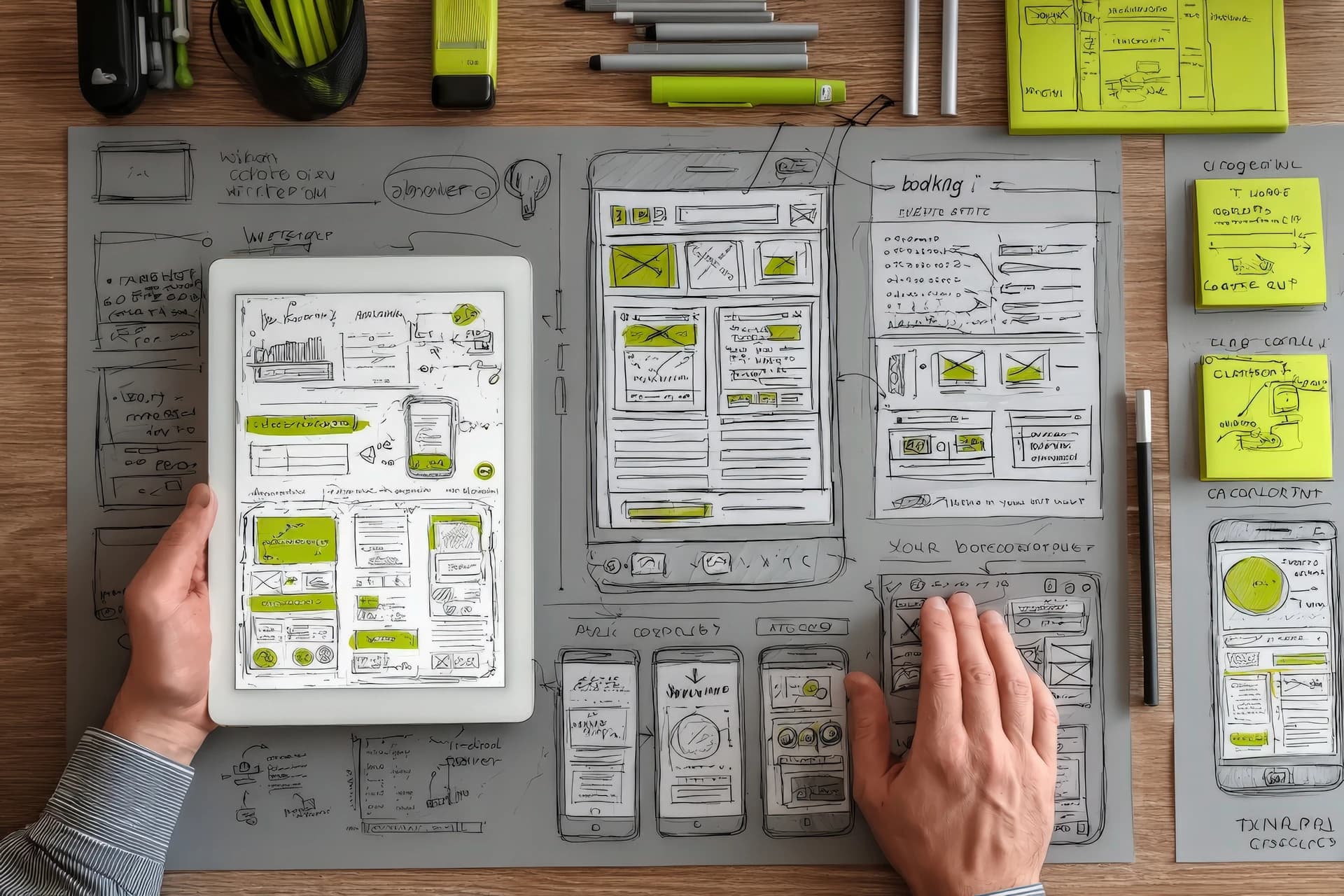Designer reviewing website and mobile wireframe sketches during a website architecture planning process.
