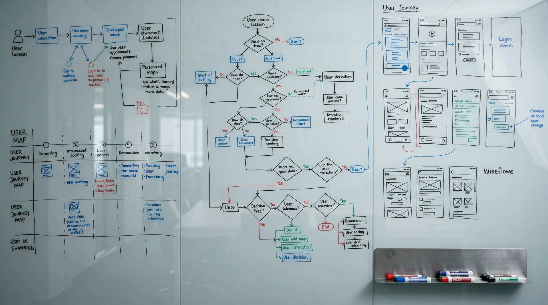 Whiteboard showing user journeys, decision flows, interface wireframes, and connected website interactions.