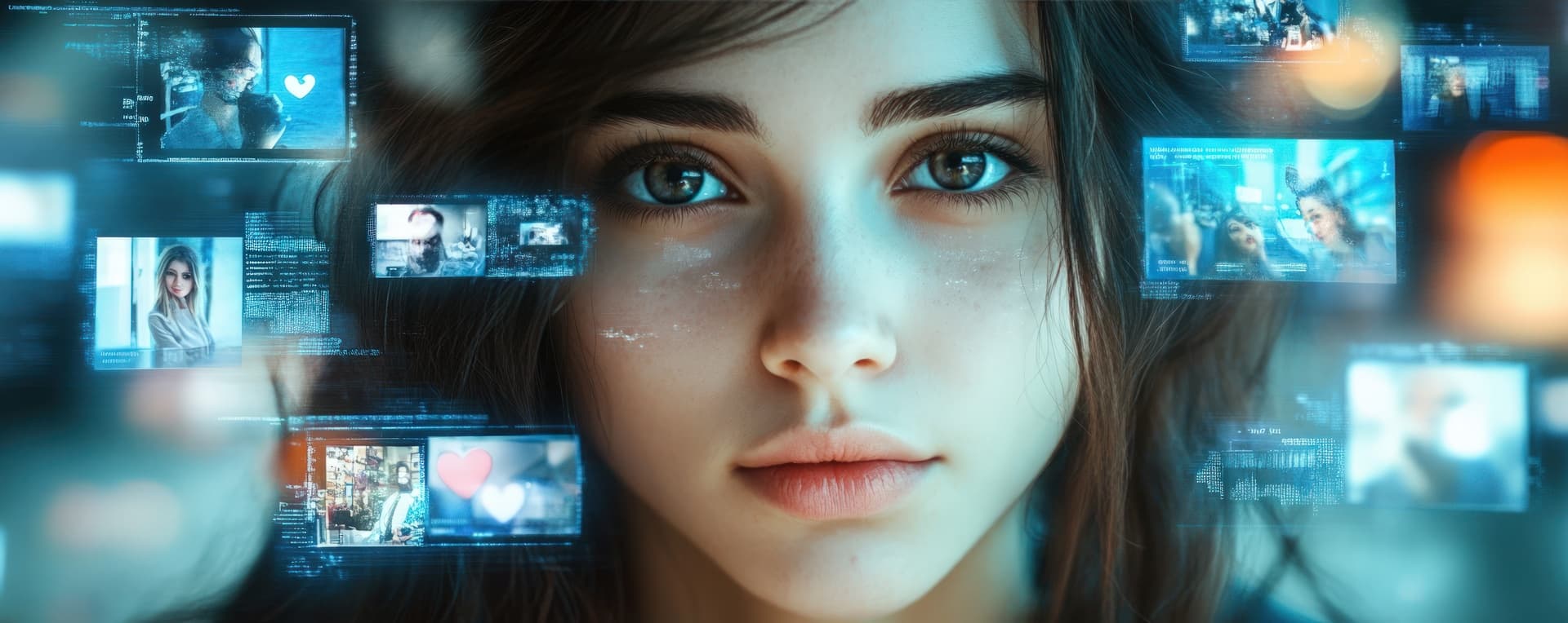 A person surrounded by holographic screens representing AI and information