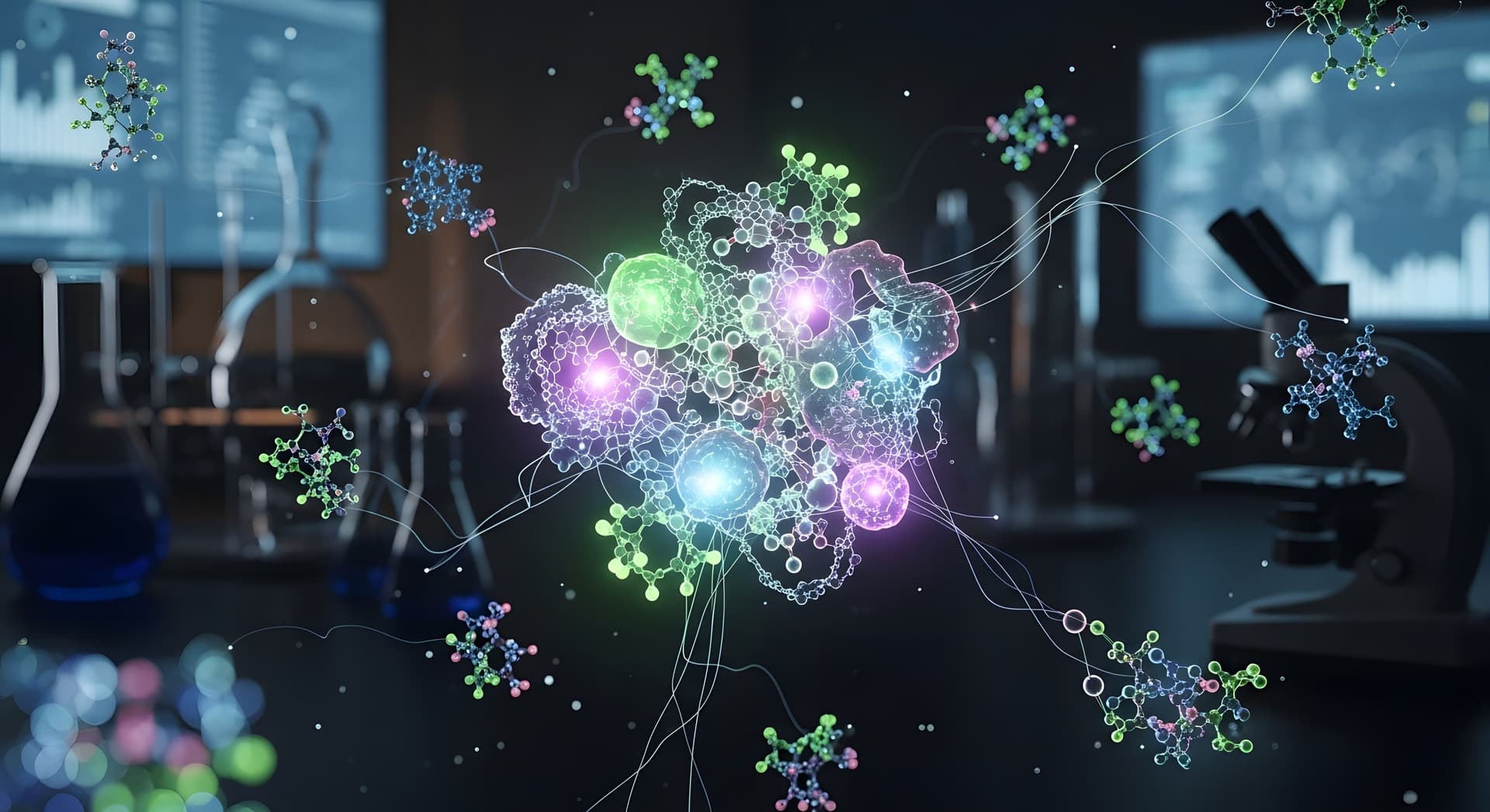 Futuristic cells and molecules visualizing AI-driven scientific discovery and synthetic intelligence