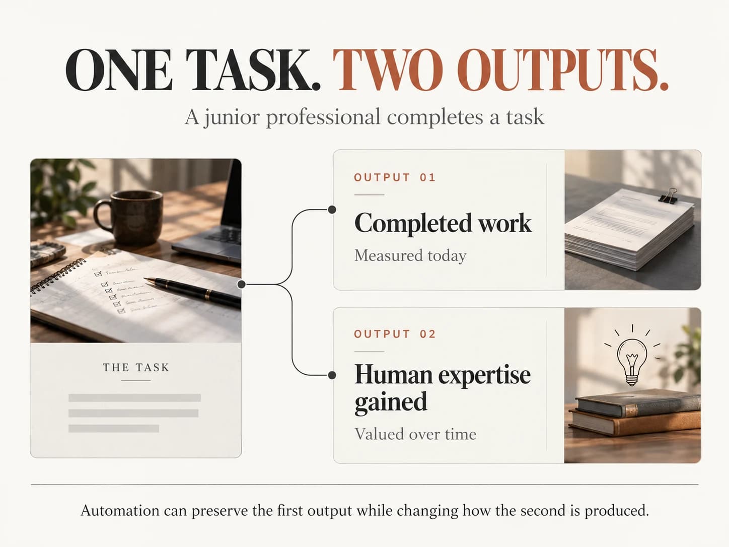 Editorial diagram titled 'One task. Two outputs.' with the subtitle 'A junior professional completes a task'. On the left, a panel labelled The Task shows a notebook and pen on a desk. A connector branches to two cards: Output 01, 'Completed work, measured today', beside a stack of printed pages; and Output 02, 'Human expertise gained, valued over time', beside a lightbulb sketch above two books. A line beneath reads: 'Automation can preserve the first output while changing how the second is produced.'