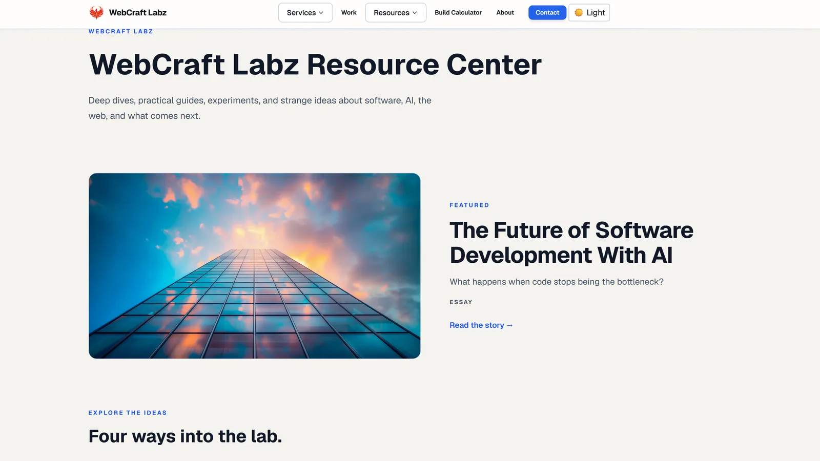 WebCraft Labz Resource Center showing the publication hero and a featured article, The Future of Software Development With AI, with its lead image.