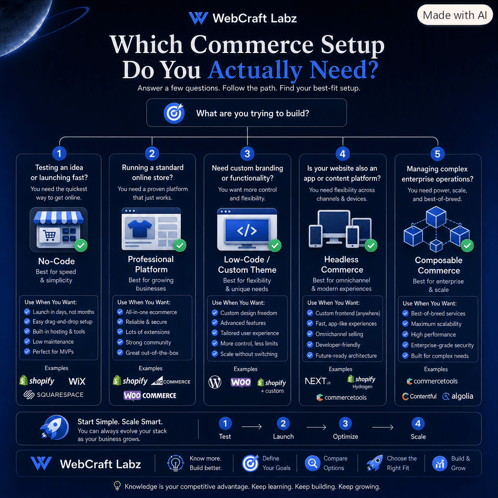 Which Commerce Setup Do You Actually Need? A decision guide branching from the question 'what are you trying to build?' into five paths: No-Code for testing an idea or launching fast, Professional Platform for a standard online store, Low-Code or Custom Theme for custom branding and functionality, Headless Commerce when the site is also an app or content platform, and Composable Commerce for complex enterprise operations. Each path lists when to use it and example tools. The footer reads: start simple, scale smart — test, launch, optimize, scale.
