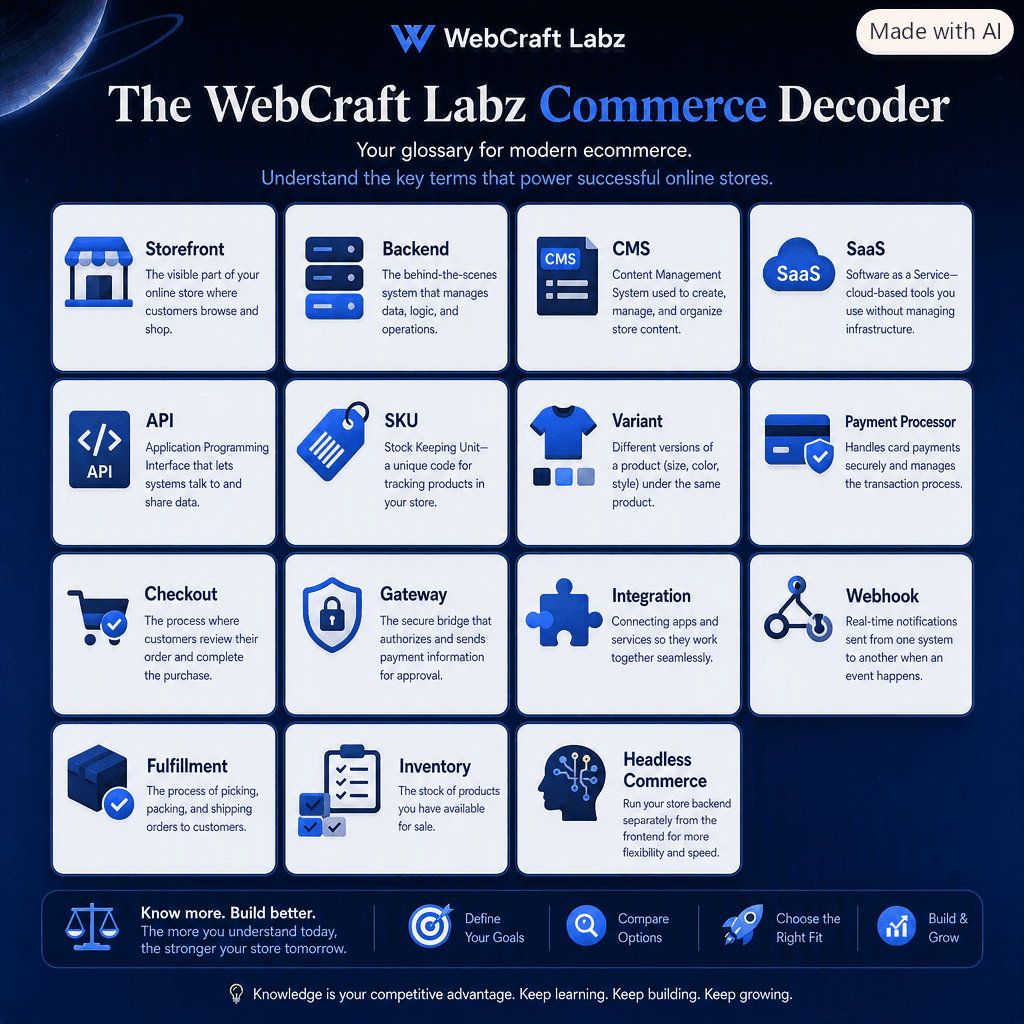 The WebCraft Labz Commerce Decoder: a glossary grid of fifteen ecommerce terms, each with a short definition — Storefront, Backend, CMS, SaaS, API, SKU, Variant, Payment Processor, Checkout, Gateway, Integration, Webhook, Fulfillment, Inventory, and Headless Commerce.