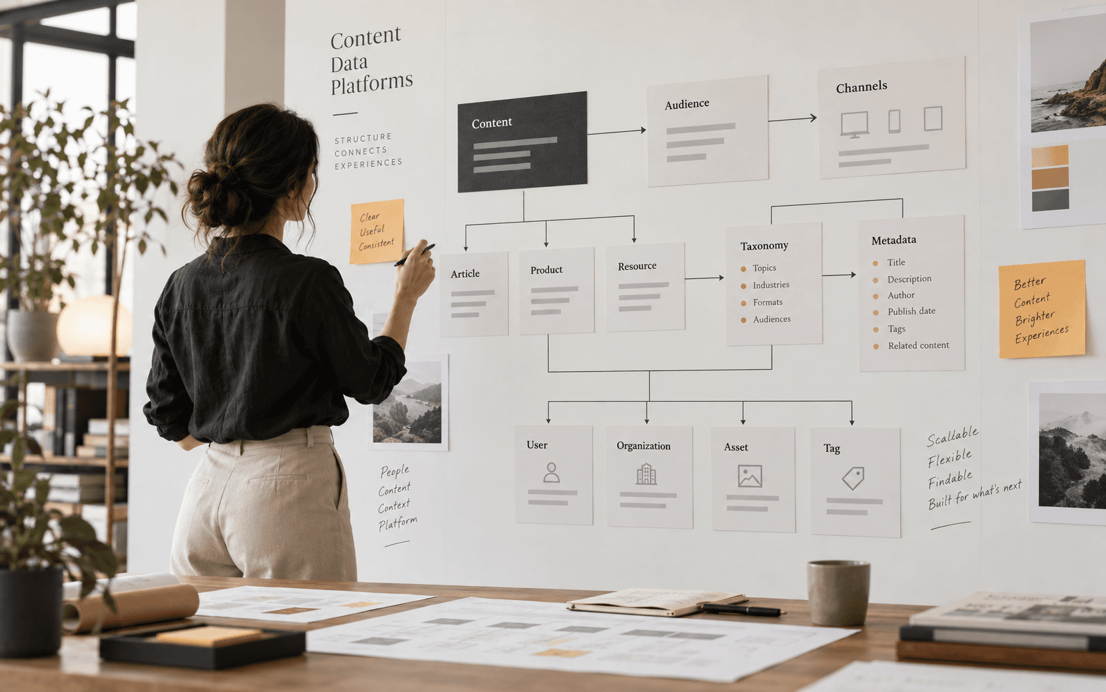 A content architecture board: a woman adds a sticky note beside a wall map headed Content Data Platforms, where a Content block flows to Audience and then Channels, branches down into Article, Product and Resource, and connects across to Taxonomy — topics, industries, formats, audiences — and Metadata — title, description, author, publish date, tags, related content — above a row of User, Organization, Asset and Tag record types.