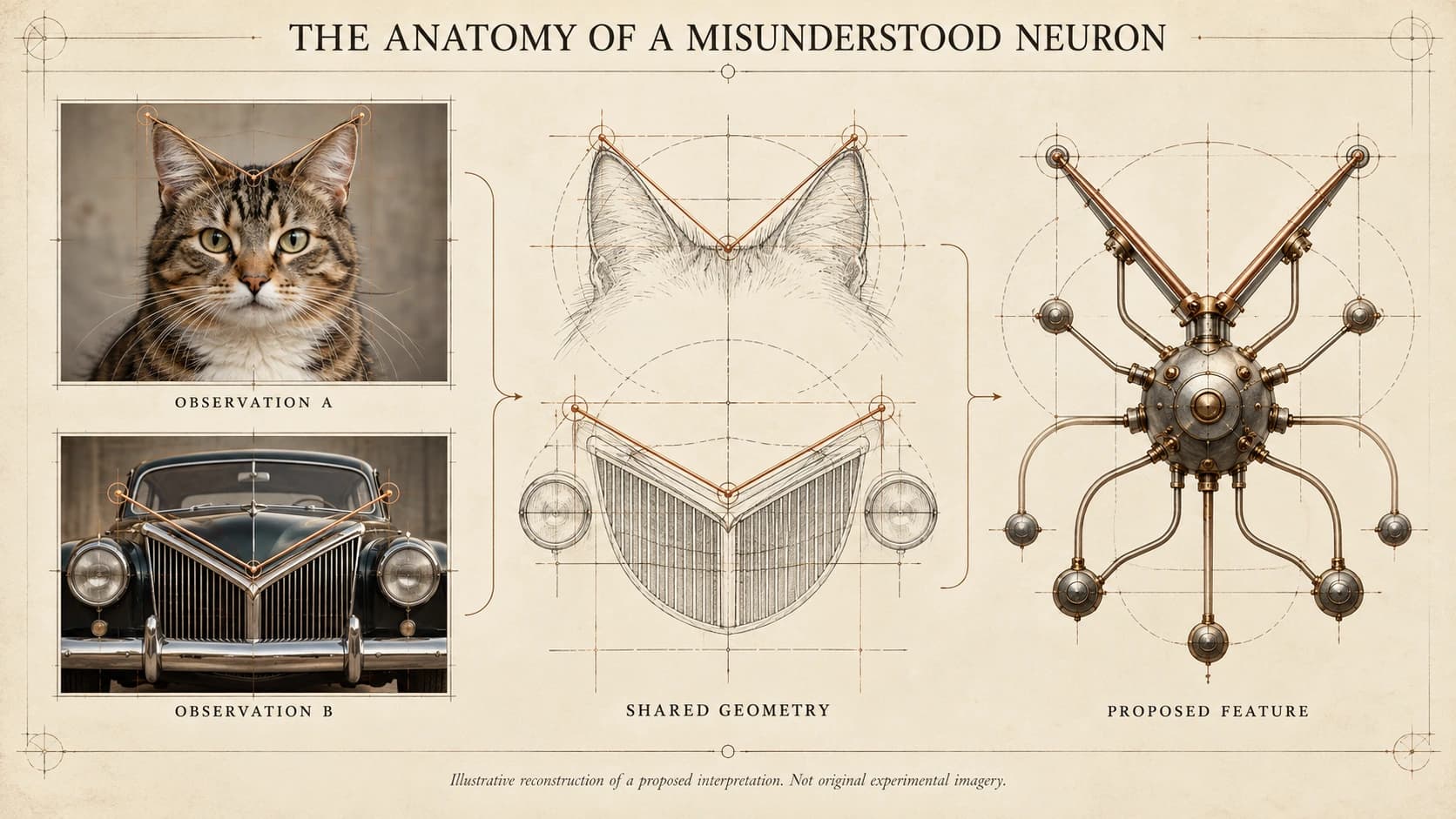 A drafting-style plate in three parts. On the left, observation A is a photograph of a tabby cat's face and observation B is a photograph of a vintage car's front. The centre panel, labelled shared geometry, redraws both as line studies, one above the other, with the same copper V traced across the cat's two ear tips and across the top edge of the car's grille. The right panel, labelled proposed feature, is a machined sphere with many jointed arms radiating from it, of which the two uppermost are raised in copper to form the same V.