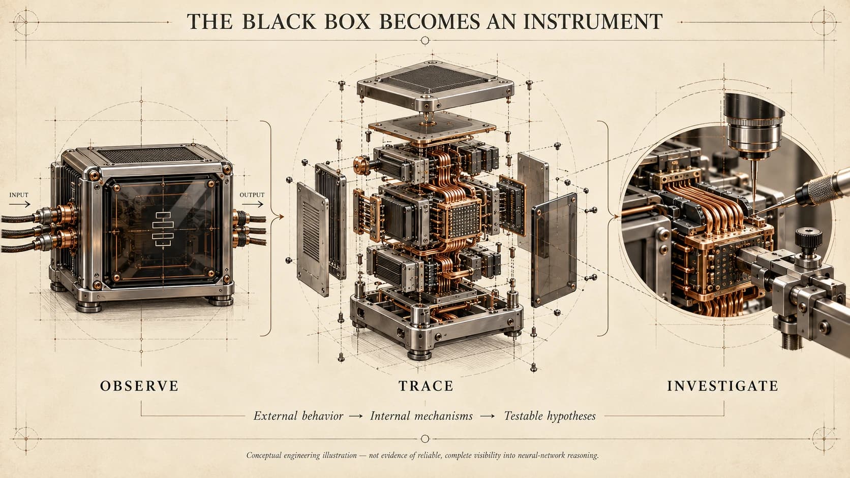 A three-stage technical plate. On the left, labelled observe, a sealed metal box with cables marked input and output and no visible interior. In the centre, labelled trace, the same box drawn as an exploded assembly with its internal plates, copper pathways and connector blocks separated and visible. On the right, labelled investigate, a close-up of a probe instrument touching one of those internal components. A line beneath reads: external behavior, internal mechanisms, testable hypotheses.