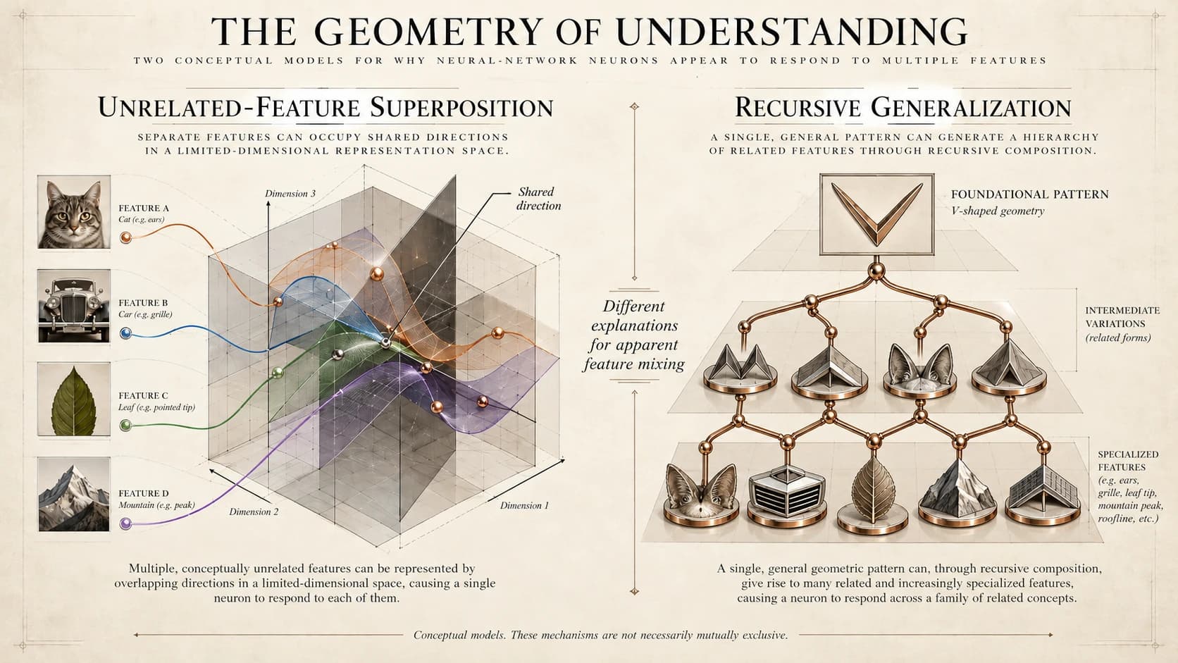 A two-panel diagram contrasting two explanations for why one neuron responds to several things. On the left, labelled unrelated-feature superposition, four unrelated features — a cat, a car, a leaf and a mountain — trace separate curves into a three-dimensional box and converge on a single shared direction. On the right, labelled recursive generalization, a copper structure branches downward through three labelled tiers: at the top a single framed drawing of a V, labelled foundational pattern, V-shaped geometry; below it four intermediate variations, each an abstract form built from the same V; and below those five specialized features in which the V is still visible — a cat's ears, a car grille, a leaf tip, a mountain peak and a roofline.
