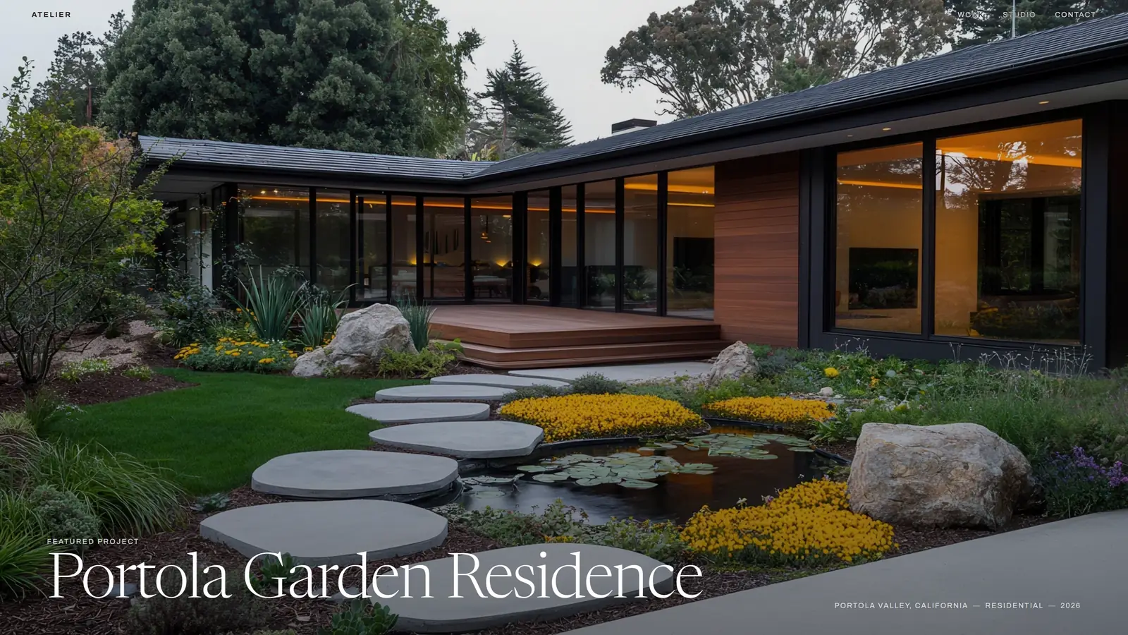 Atelier landscape architecture portfolio demo showing a photography-led homepage with editorial typography, navigation, and a featured Portola Garden Residence project.