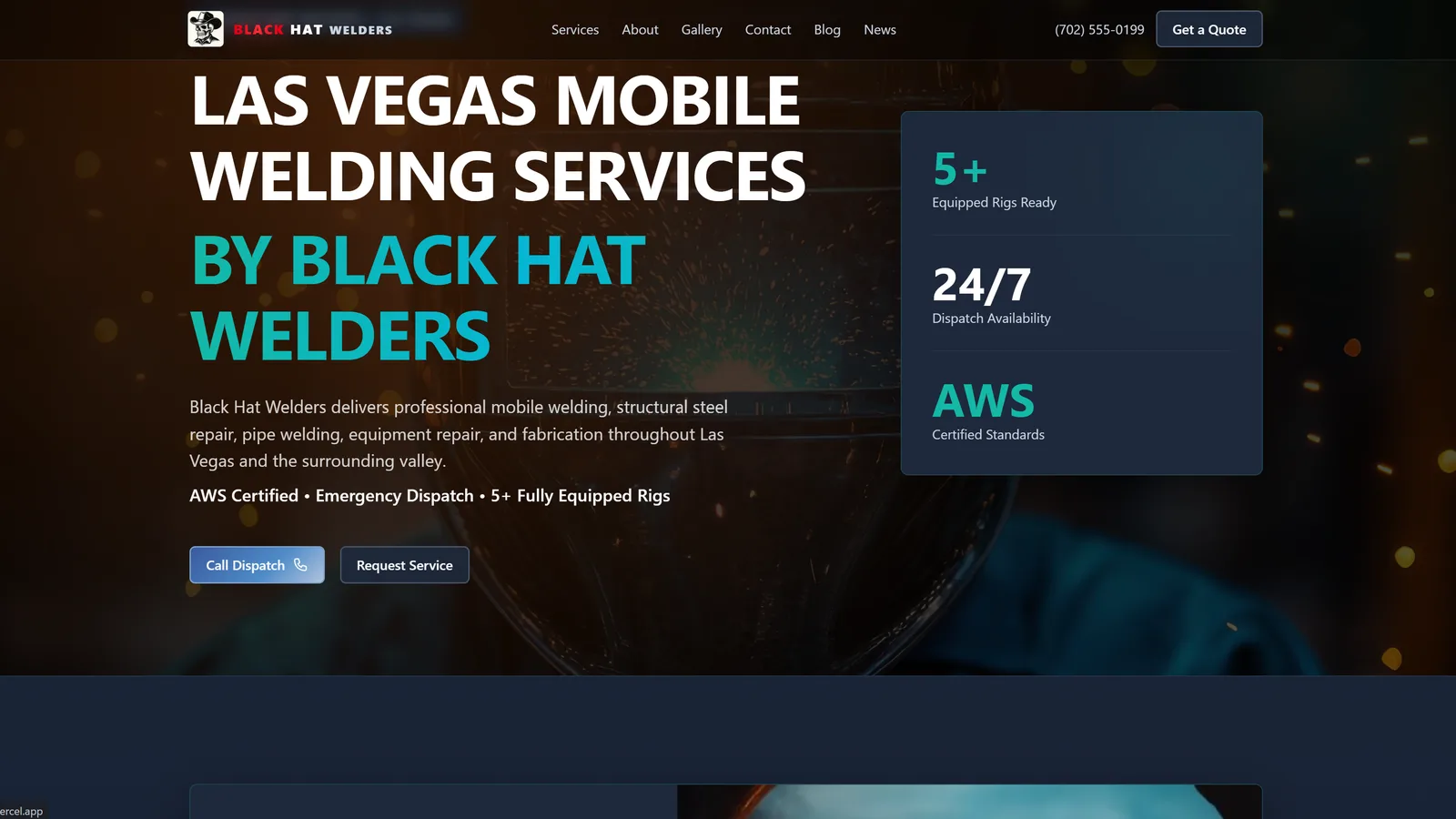 Black Hat Welders mobile welding services page, showing service categories and dispatch coverage area.