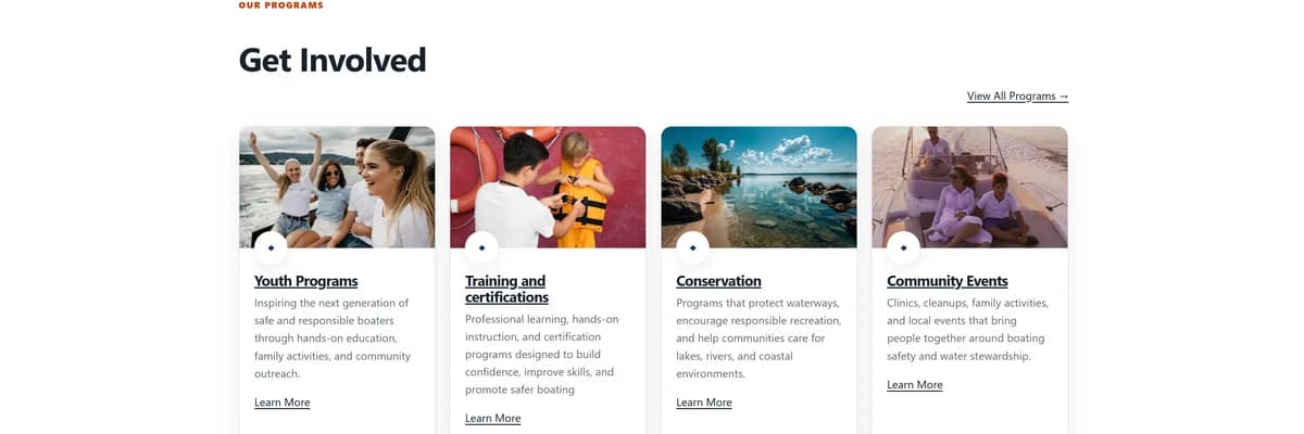 A Get Involved section with a four-card grid covering Youth Programs, Training and certifications, Conservation, and Community Events, each card pairing a photograph with a short description and a Learn More link.