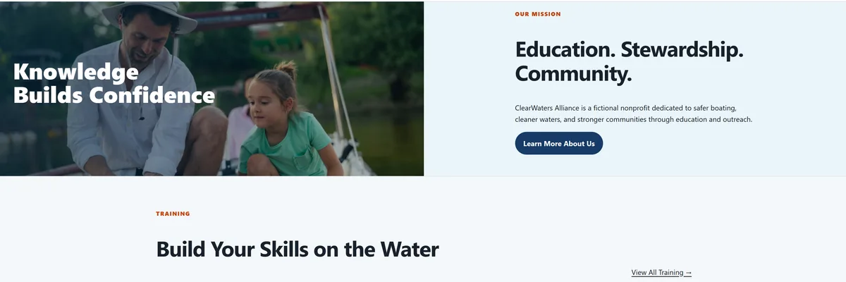 A two-column mission section pairing a photograph captioned "Knowledge Builds Confidence" with an "Education. Stewardship. Community." heading, body copy describing ClearWaters Alliance as a fictional nonprofit, and a Learn More About Us button, above the start of a Training section.