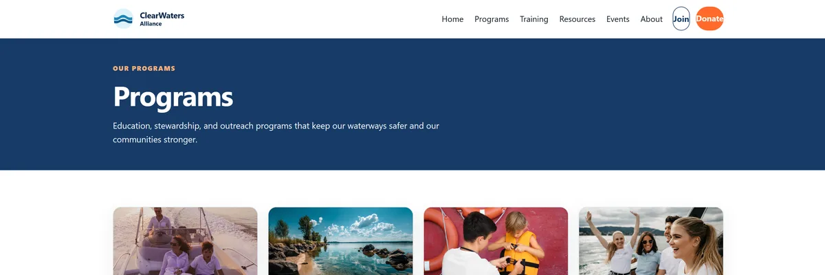 The ClearWaters Alliance Programs archive page, showing an "Our Programs" eyebrow above a Programs heading on a deep navy banner, with the top of a four-card programme grid below it.