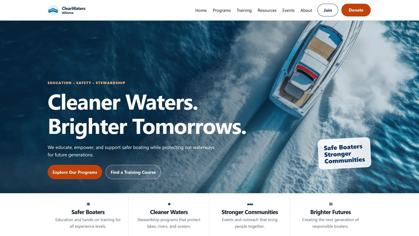 ClearWaters Alliance homepage: an Education, Safety, Stewardship kicker above a "Cleaner Waters. Brighter Tomorrows." hero set on an aerial photograph of a speedboat crossing open water, with Explore Our Programs and Find a Training Course buttons, and a four-pillar row beneath for Safer Boaters, Cleaner Waters, Stronger Communities, and Brighter Futures.