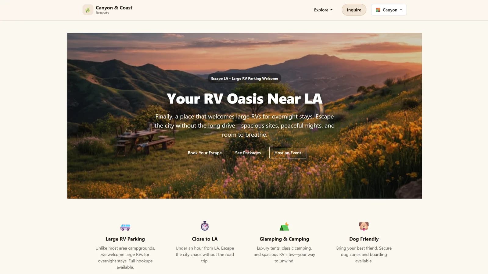 Canyon & Coast Retreats homepage, showing glamping and RV accommodation options.