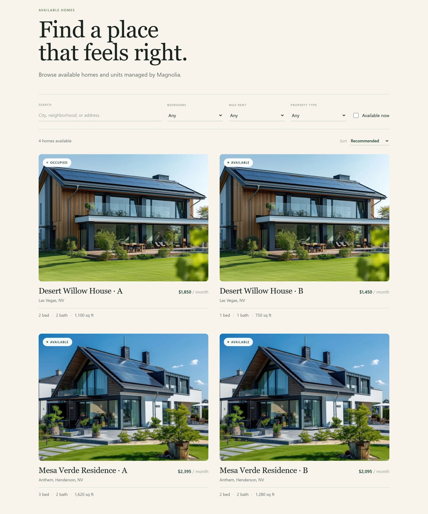 Magnolia Available Homes page listing four unit-level rentals with search and filter controls, each card showing its availability state, monthly rent, location, and bed, bath and square-foot details.