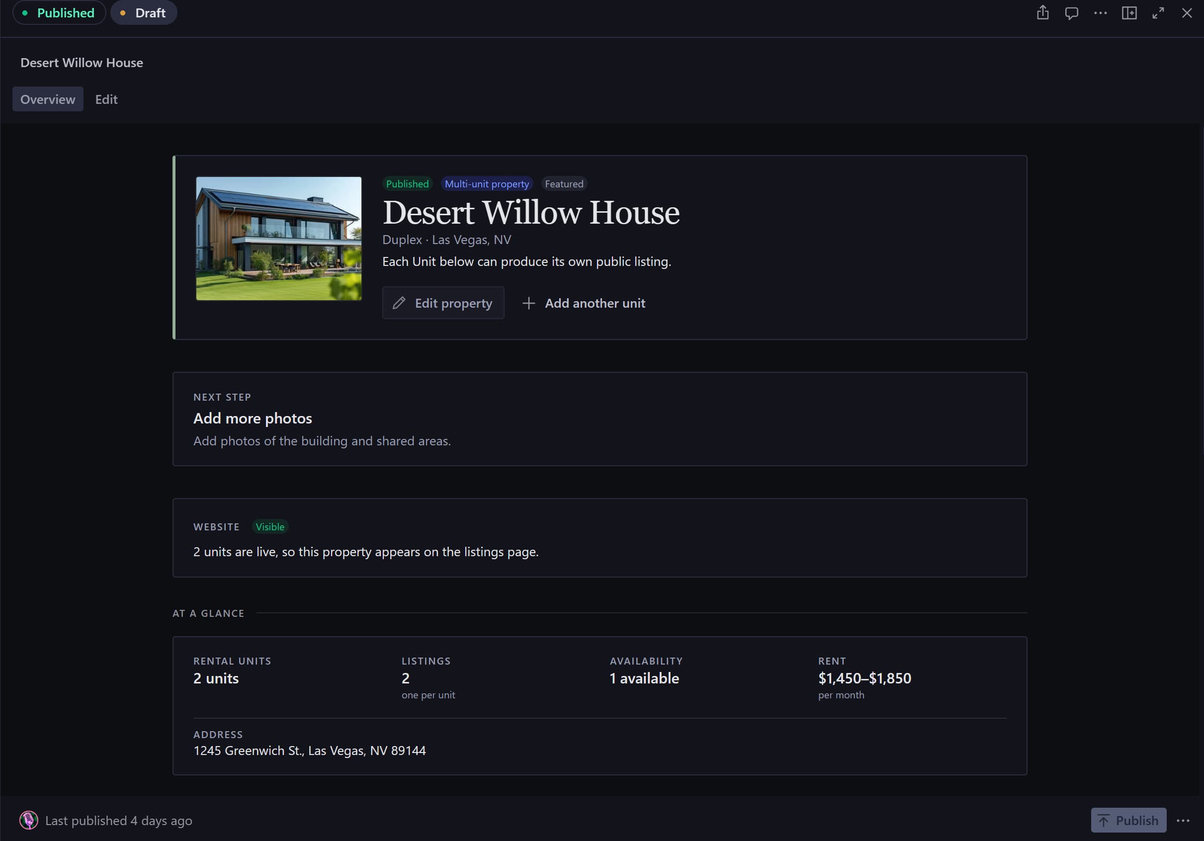 Sanity Studio Property Overview for Desert Willow House, with Published and Draft document states above separate Overview and Edit tabs. The property is badged Published, Multi-unit property and Featured, and notes that each Unit below can produce its own public listing. Beneath it are a next step of 'Add more photos', a Website panel marked Visible reading '2 units are live, so this property appears on the listings page', and an At a Glance row giving 2 rental units, 2 listings one per unit, 1 available, and rent of $1,450–$1,850 per month.