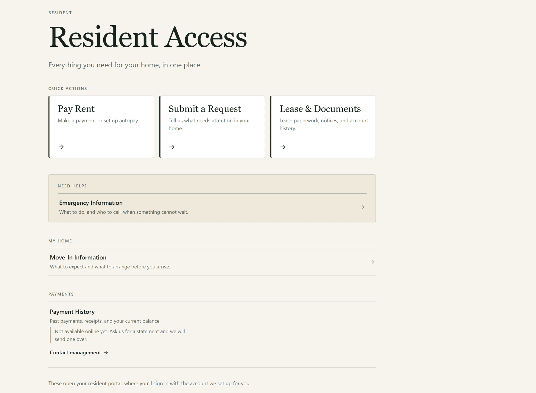 Magnolia resident portal entry page, grouping capabilities under Quick Actions (Pay Rent, Submit a Request, Lease & Documents), Need Help (Emergency Information), My Home (Move-In Information) and Payments (Payment History), where Payment History shows the note 'Not available online yet. Ask us for a statement and we will send one over.'