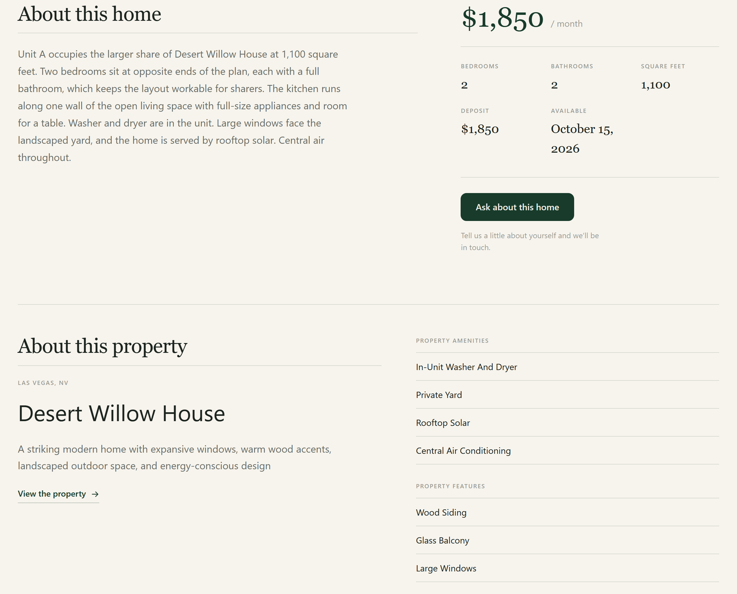 The page for Desert Willow House · A, showing unit-level details — $1,850 a month, 2 bedrooms, 2 bathrooms, 1,100 square feet, a $1,850 deposit and an availability date of October 15, 2026 — above an 'About this property' section repeating the shared Desert Willow House description, a 'View the property' link, and the property's amenities and features.