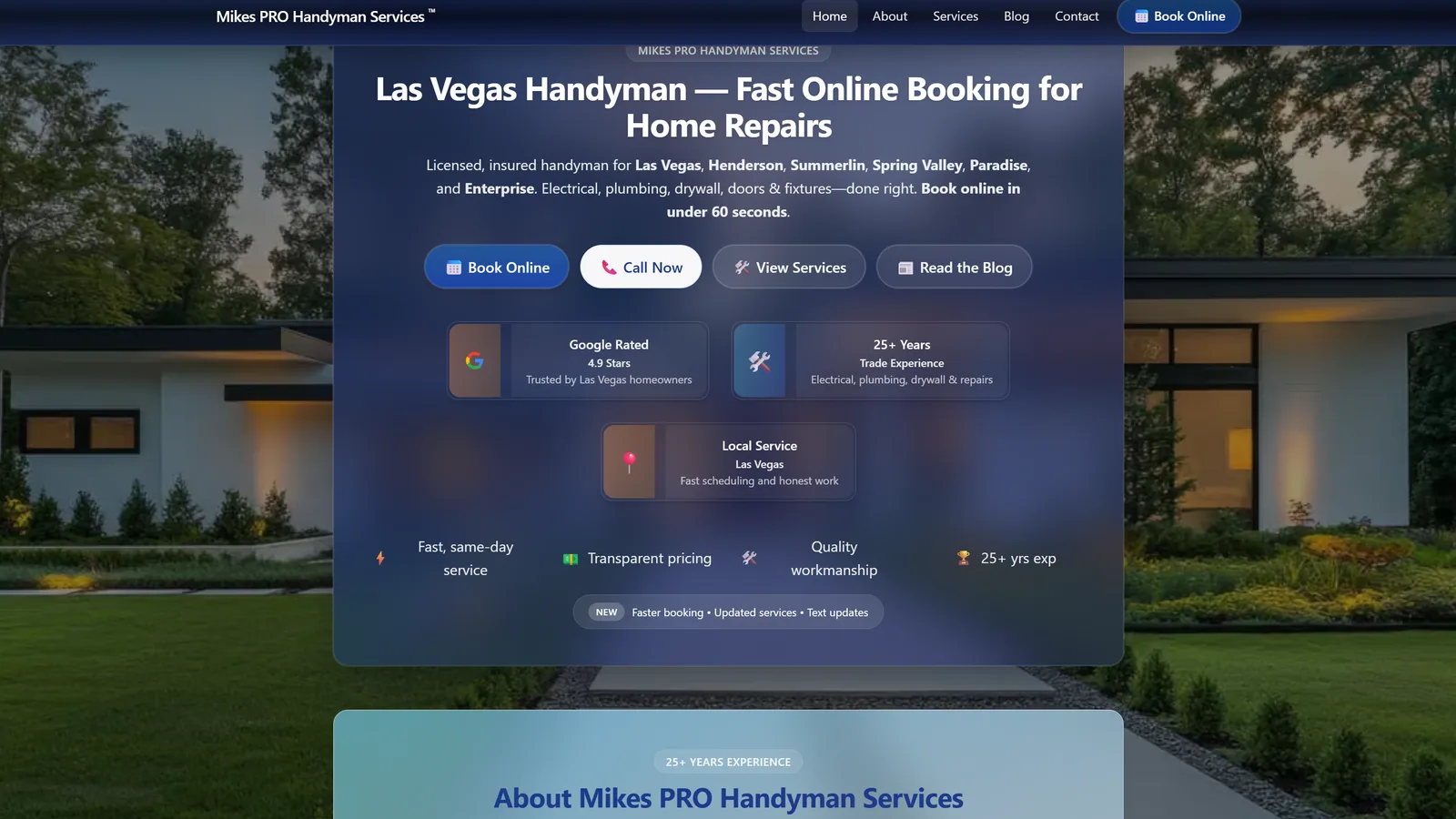 Mike's Pro Handyman homepage, showing service categories and online booking calls-to-action.