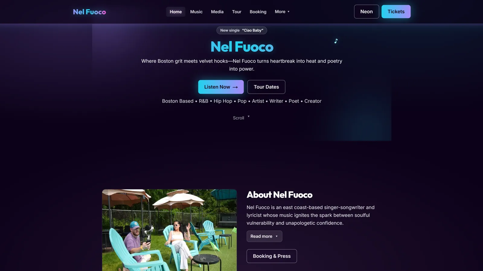 Nel Fuoco artist website homepage, showing music, tour, and media content.