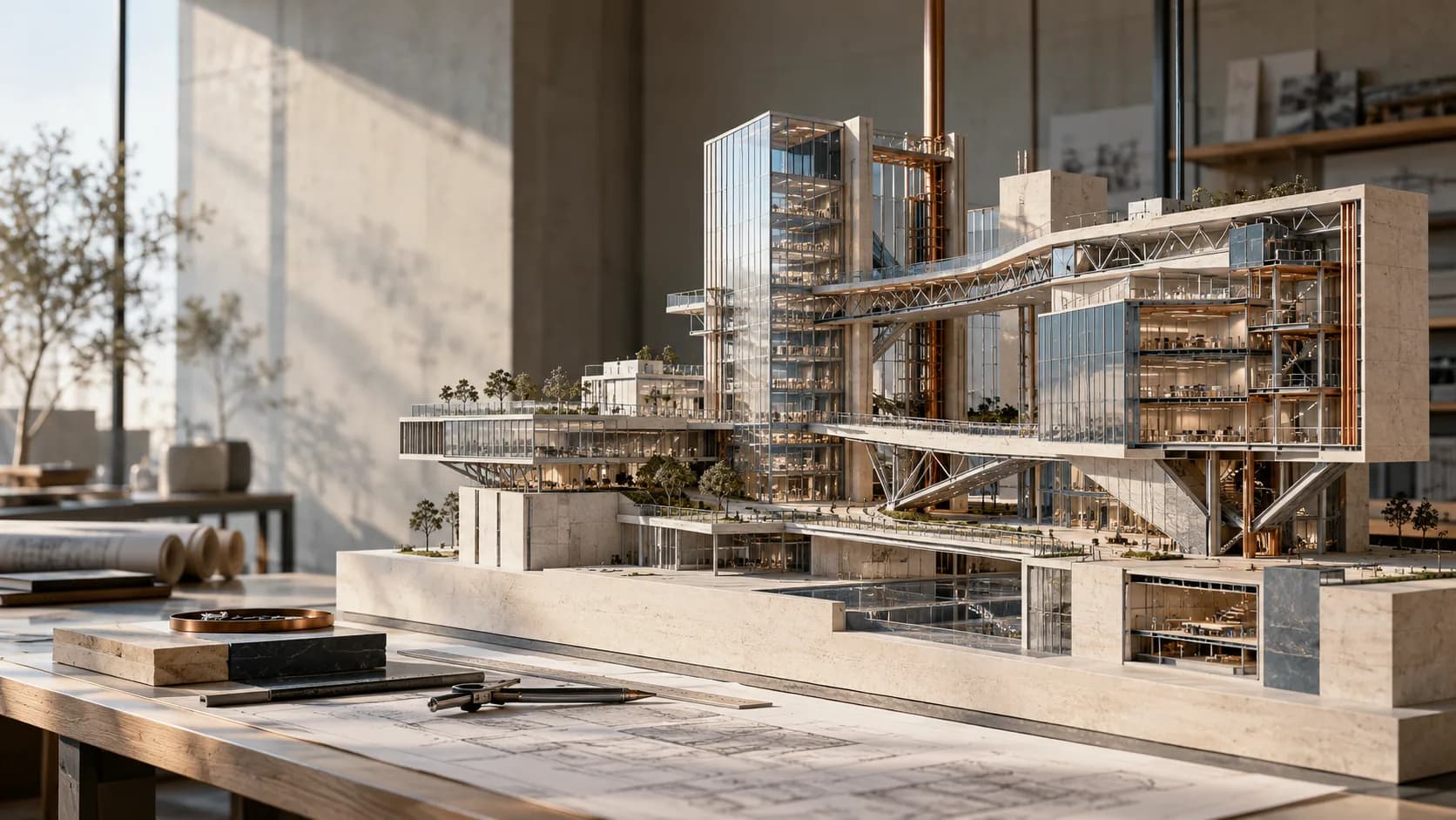 An architectural scale model on a studio workbench: a stepped building of limestone, glass and steel with open floor plates, copper columns and a walkway bridging two wings, lit by daylight, with rolled drawings and dividers beside it.