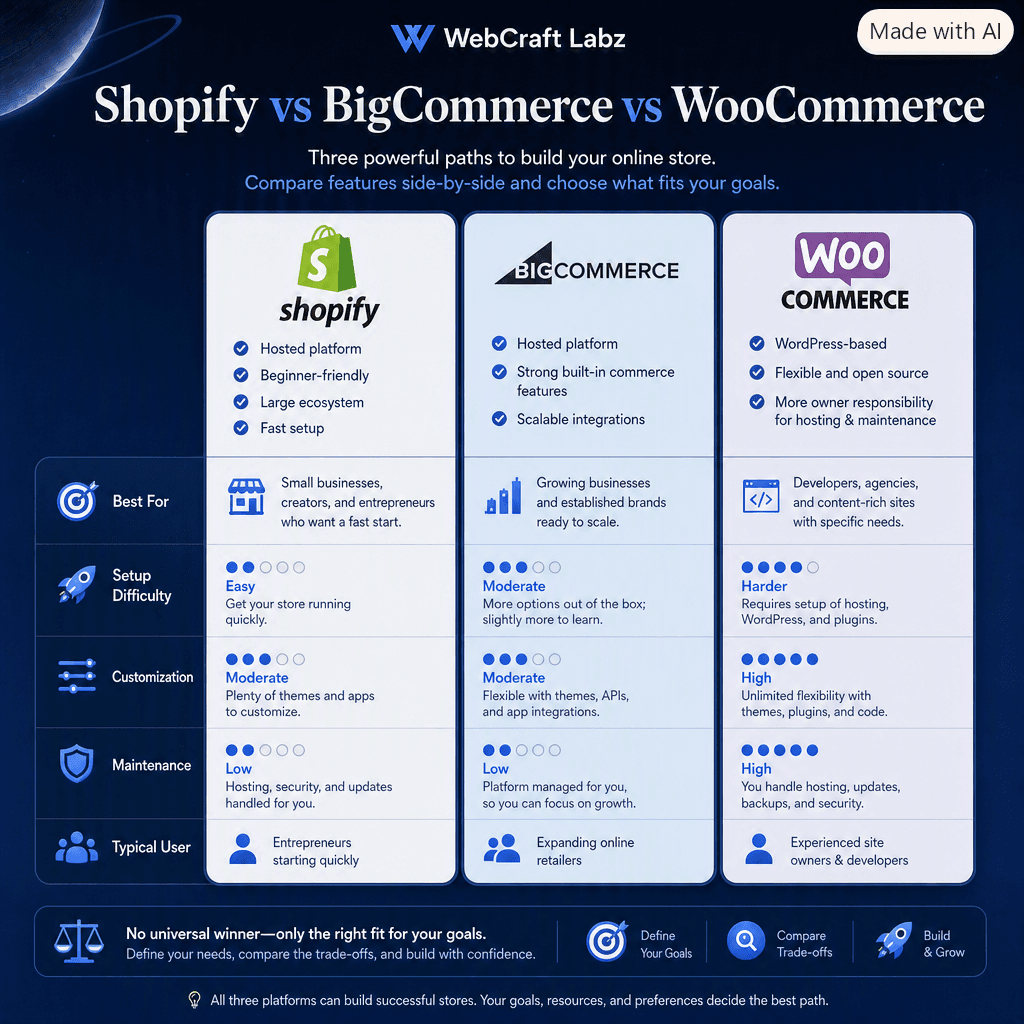 Shopify vs BigCommerce vs WooCommerce compared across five rows: Best For, Setup Difficulty, Customization, Maintenance, and Typical User. Shopify is rated easy to set up with low maintenance and moderate customization. BigCommerce is moderate on setup and customization with low maintenance. WooCommerce is harder to set up with high customization and high maintenance. The footer reads: no universal winner — only the right fit for your goals.