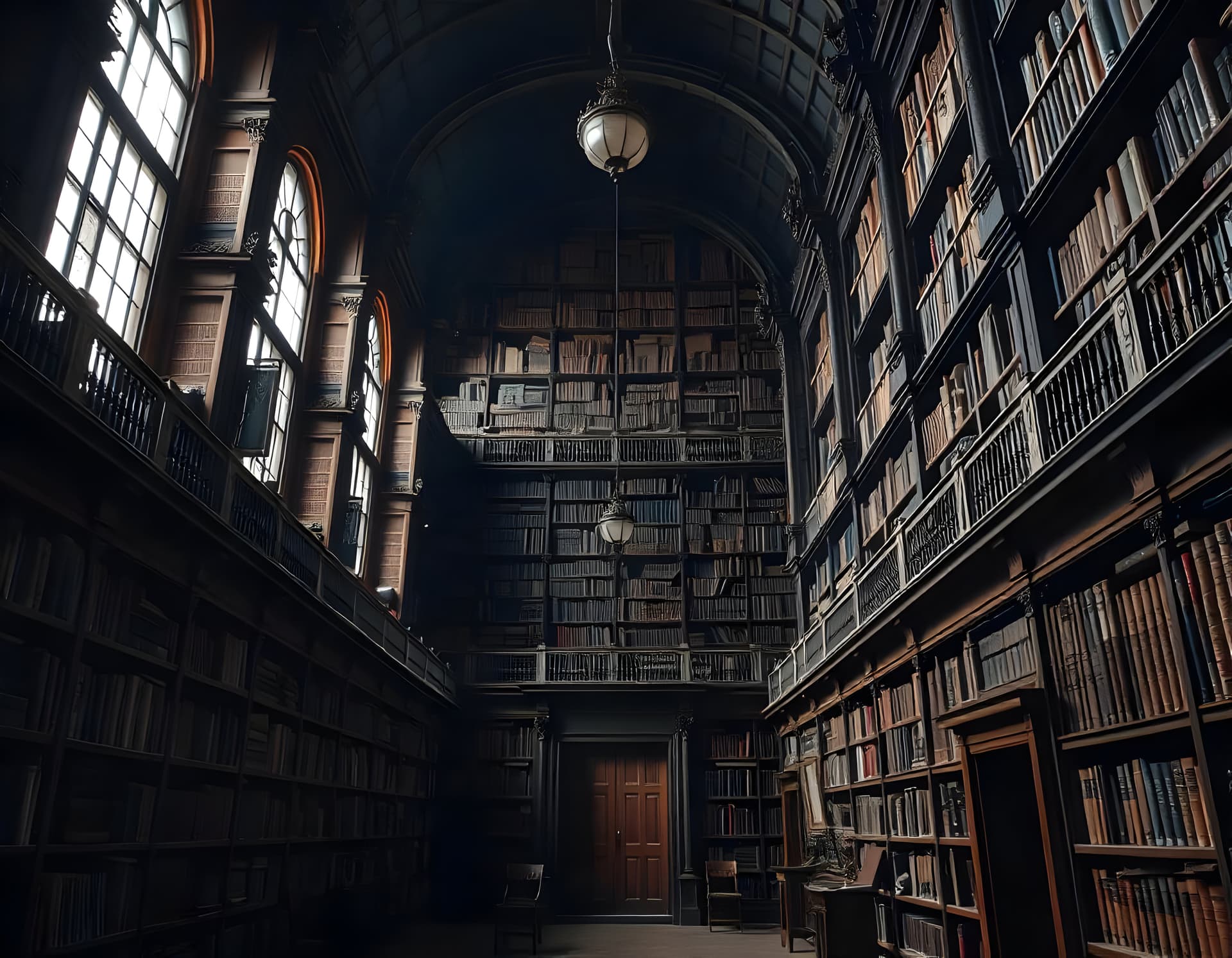 The interior of a vast, dimly lit old library — tiers of books behind balconies, with a single closed door at the far end