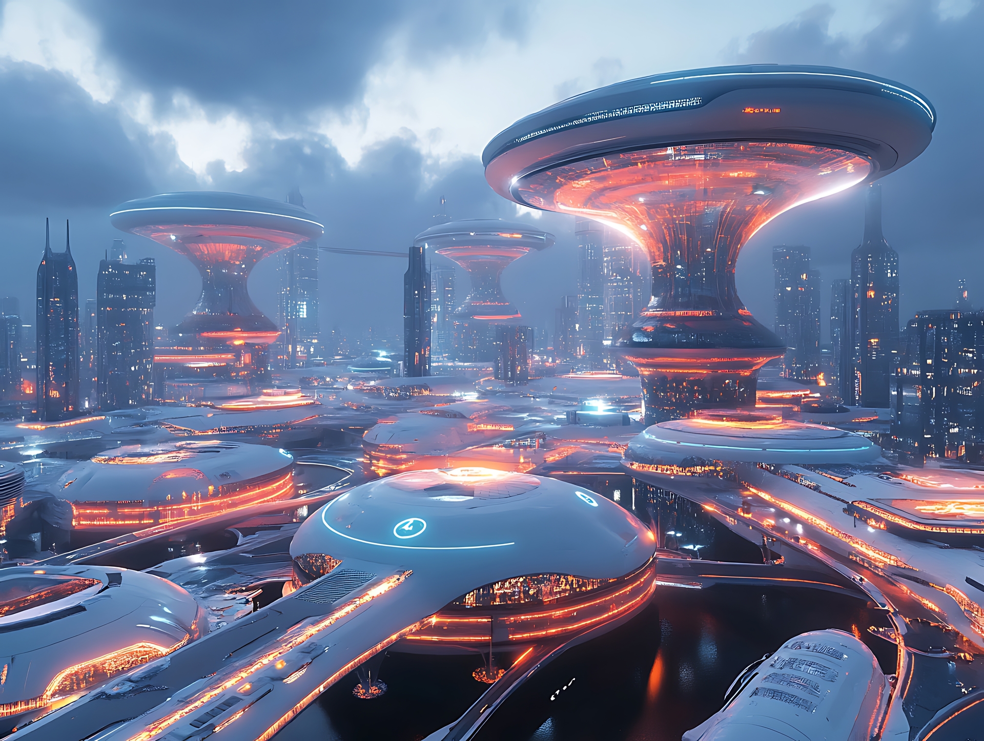 Futuristic AI city skyline with glowing lights