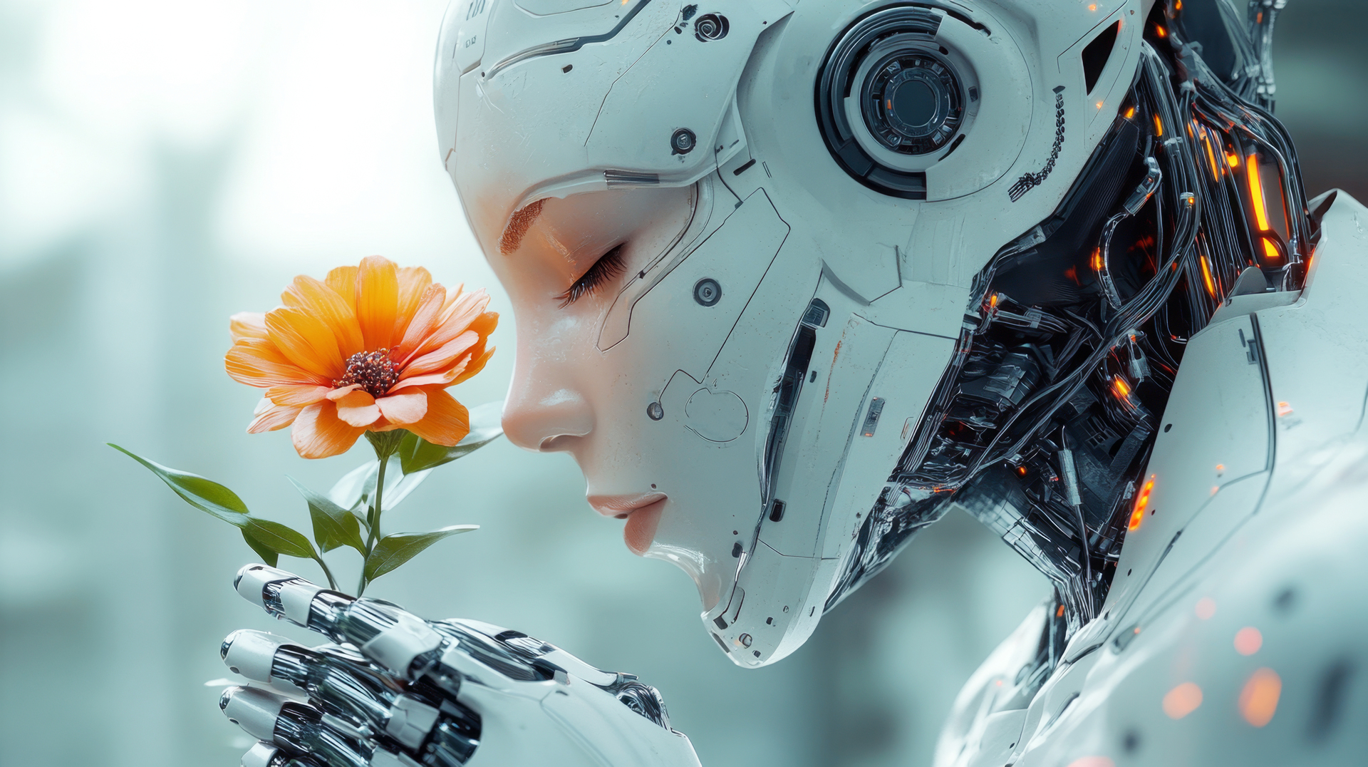 Humanoid robot holding a flower in sunlight