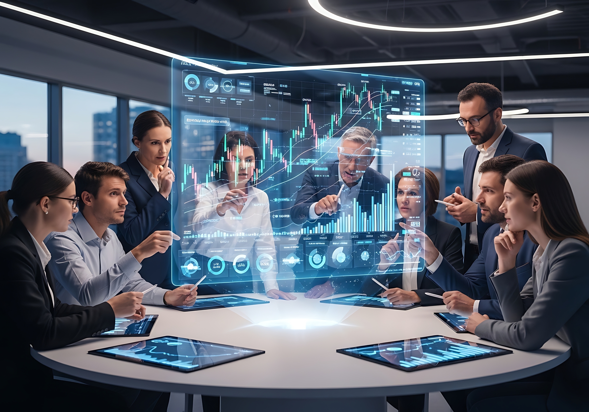 Business team collaborating around futuristic data visualizations