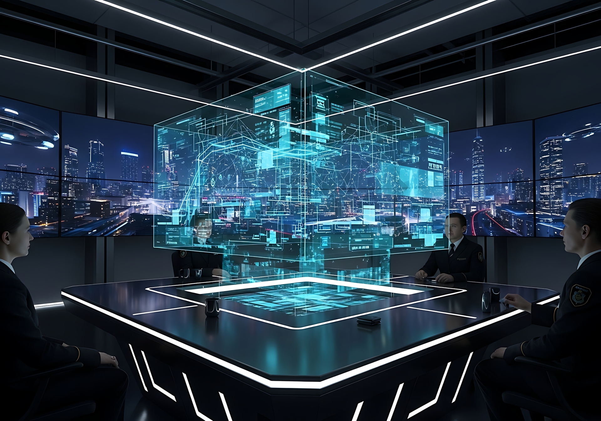 Futuristic command center with holographic data displays