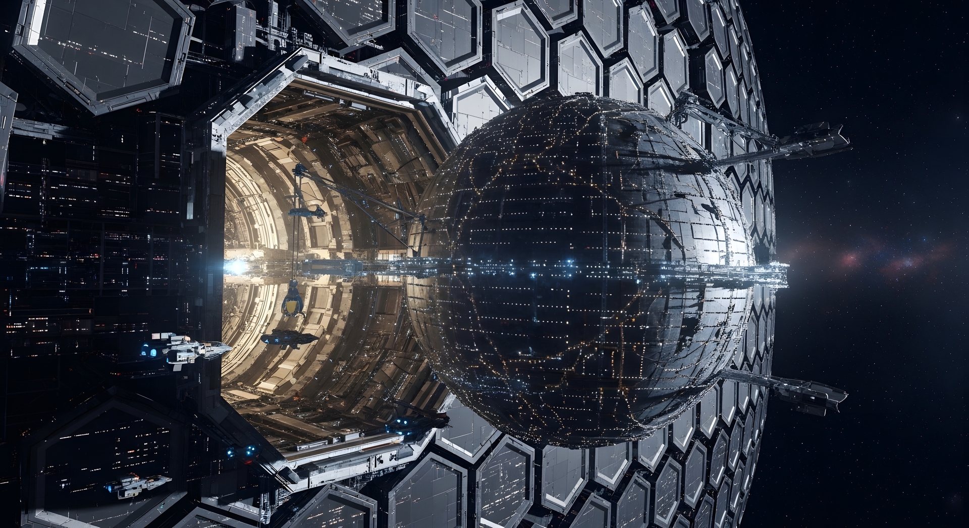 Futuristic space station with hexagonal panels